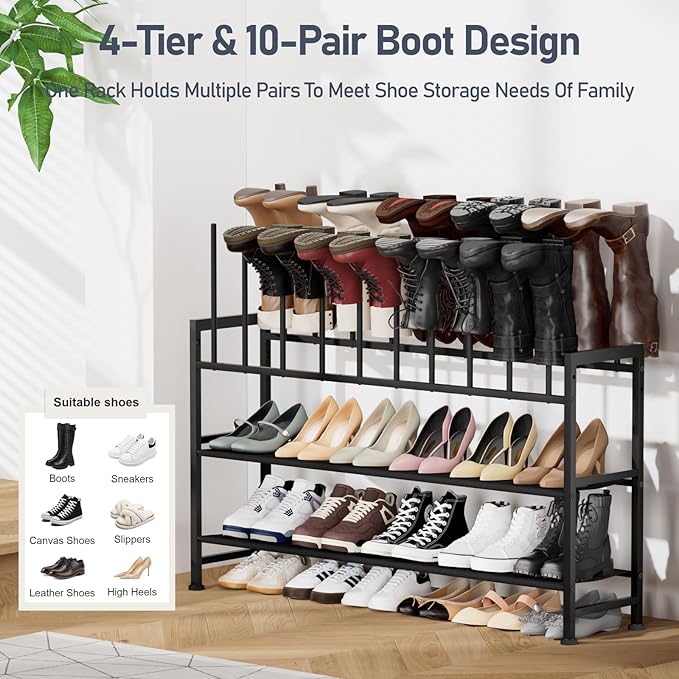 DIMJ Boot Rack 4-Tier - Black Metal Boot Storage Rack for Tall Boots Organizer, Multiuse Shoe Rack for Boots, Sneakers, High-Heel, Entryway, Fits 10 Pairs