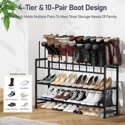 DIMJ Boot Rack 4-Tier - Black Metal Boot Storage Rack for Tall Boots Organizer, Multiuse Shoe Rack for Boots, Sneakers, High-Heel, Entryway, Fits 10 Pairs