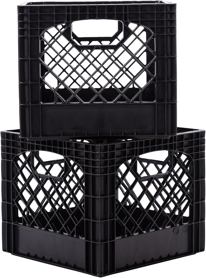 Plastic Milk Crate Storage Tote with Handles, 16-Quart Stackable Cube Organizer for Garage, Home, and Office, Made in the USA, 13" x 13" x 11" (2-Pack) - Black