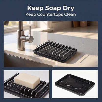 Soap Dish Drain Tray Self Draining Soap Holder Sponge Holder Soap Dishes for Shower, Bathroom, Kitchen Sink (1, C-Black)