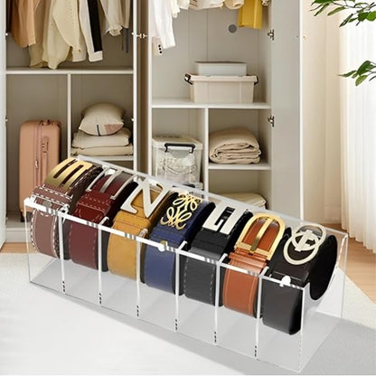 Acrylic Belt Organizer with 7 Compartments – Clear Belt Container Display Holder for Closet or Drawer, Ideal Storage Box for Belts, Ties, and Accessories for Men and Women, Home Use