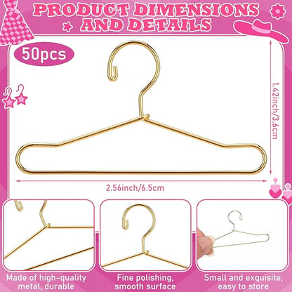 Jenaai 50 Pcs Doll Clothes Hanger 2.56 in Metal Gold Doll Outfit Hanger Mini Clothes Hangers for Wardrobe, Dresses, Skirts, and Accessories