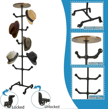 uyoyous Industrial Standing Hat Rack, Heavy Duty Metal Pipe Hat Display Stand with Wheels, Freestanding Rolling Hat Organizer Tree for Cowboy Hats & Caps, 10 Hanger Hooks for Bedroom Entryway