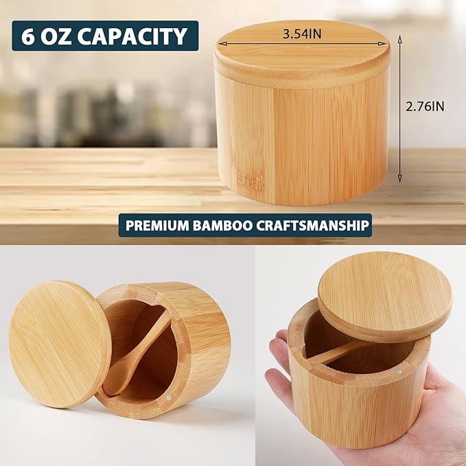 Timtopno Bamboo Salt Cellar, 2 PCS Salt Container with Built-in Spoon, Salt Box Bowl with Magnetic Swivel Lid, Elegant Kitchen Salt Holder Saver Jar to Storage Pepper Spice Sea Salt for Countertop