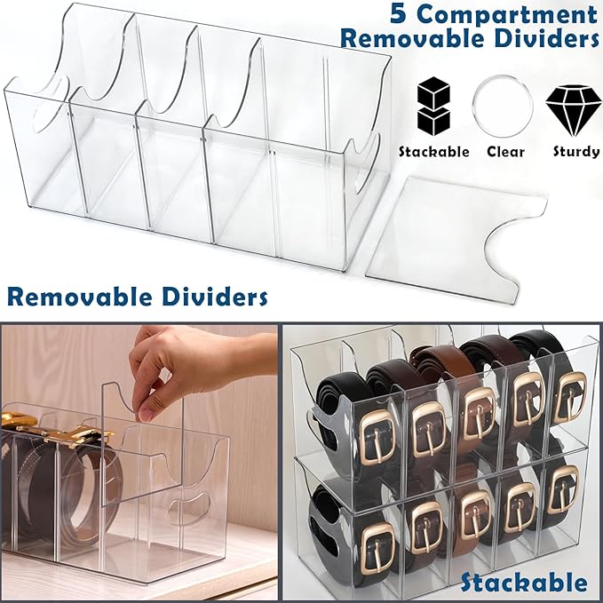 Belt Organizer - Clear Stackable Belt holder for Closet and Drawer Storage - 5 Compartments with Removable Dividers, Multi-Purpose Display Bins With Inserts For Ties, Socks, underwear (1)