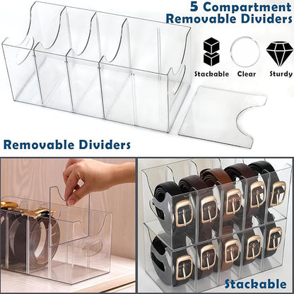 Belt Organizer - Clear Stackable Belt holder for Closet and Drawer Storage - 5 Compartments with Removable Dividers, Multi-Purpose Display Bins With Inserts For Ties, Socks, underwear (1)