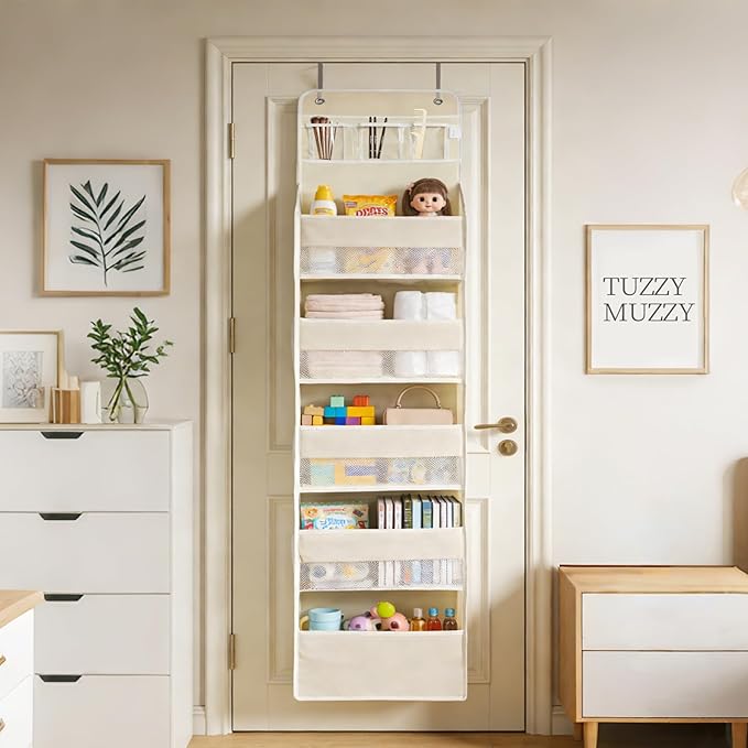 Over the Door Organizer, Door Storage Organizer with Large Capacity Pockets, Hanging Shelves for Bedroom, Closet, Dorm, Pantry (Beige, 4-Tier)