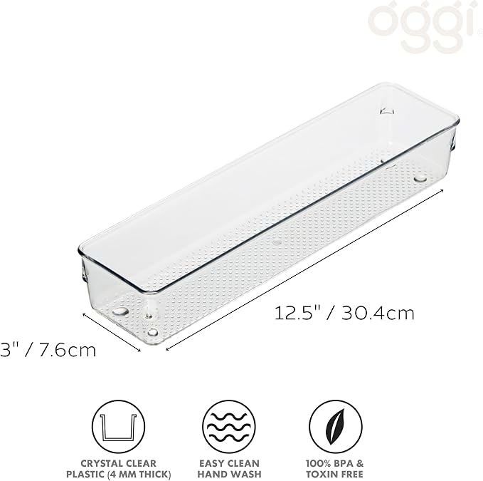 Oggi Clear Drawer Organizer | 3" X 12" | Pack of 2 | For Kitchen Drawers