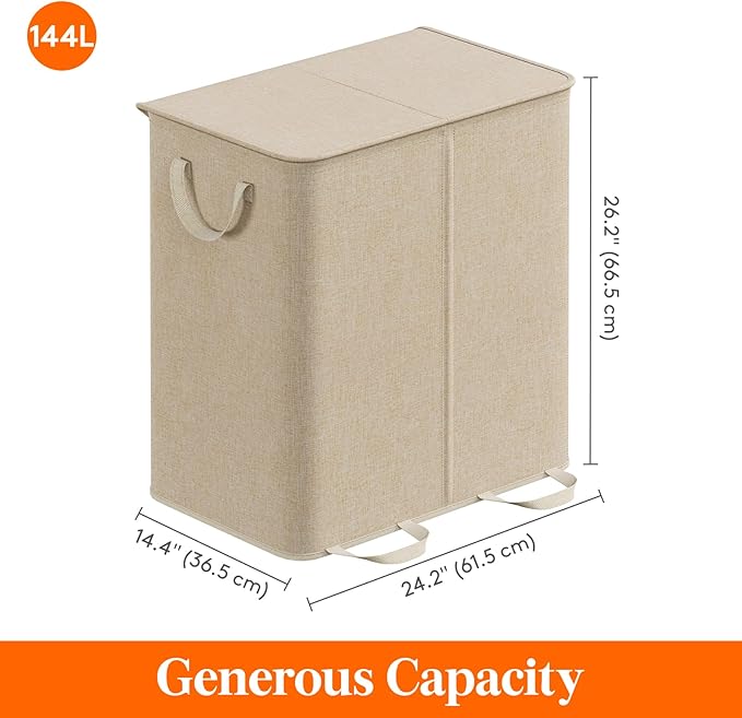 Lifewit Double Laundry Hamper with Lid and Removable Laundry Bags, Large Collapsible 2 Dividers Dirty Clothes Basket with Handles for Bedroom Laundry Room Closet Bathroom College, 144L Beige