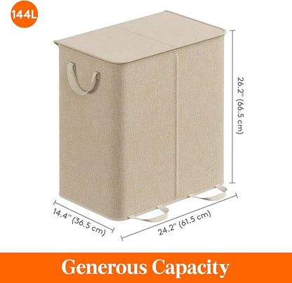 Lifewit Double Laundry Hamper with Lid and Removable Laundry Bags, Large Collapsible 2 Dividers Dirty Clothes Basket with Handles for Bedroom Laundry Room Closet Bathroom College, 144L Beige