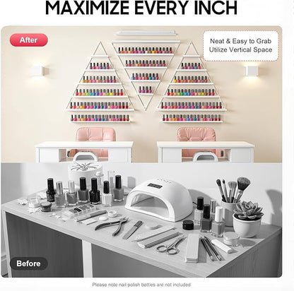 Elegant Gold Wall Mounted Nail Polish Rack - Set of 6 Triangular Cosmetic Display Shelves for Essential Oil Bottles, Organize Your Lipsticks and Perfumes in Style at Home or Salon (White)