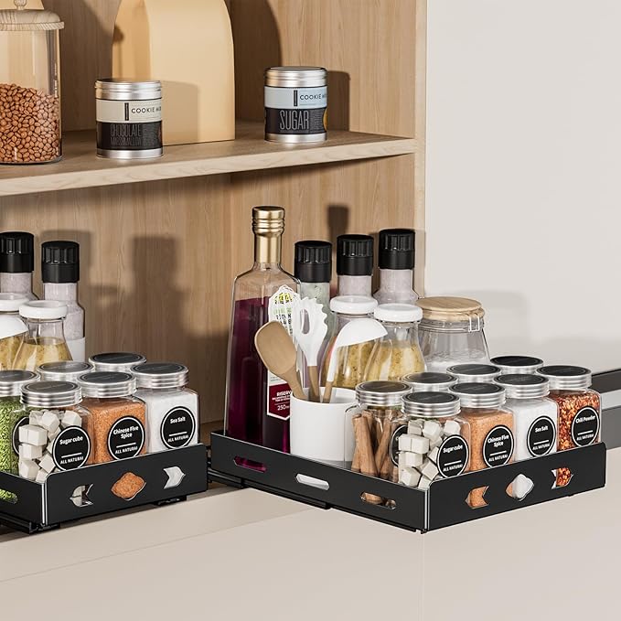 BOIVSHI Pull Out Spice Rack, Heavy Duty Spice Rack Organizer, 1 Tier Spice Organization for Cabinet, Vertical Spice Rack for Kitchen, Cabinet, Pantry (8.4''Wx10.5''Dx2.8''H, Metal Black)