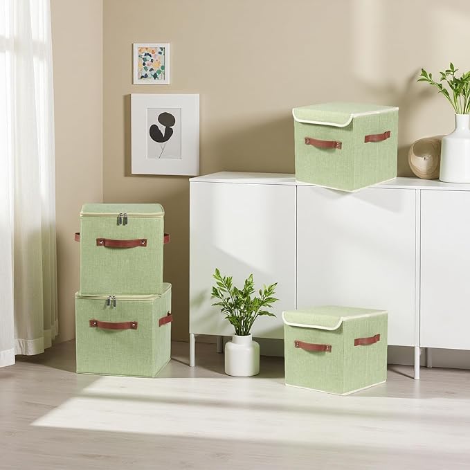 2PCS Storage Cubes with Lid Fabric Storage Bins Boxes PU Leather Handles Cotton Linen Closet Organizer Container Decorative Foldable Washable Shelf Cloth Basket (Zipper Lid, Green, 11in)