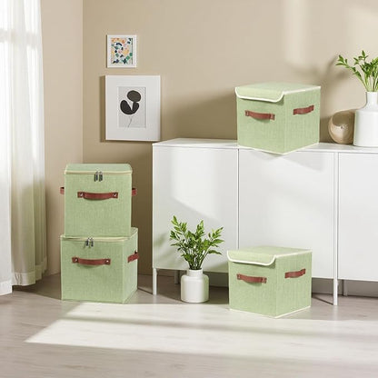 2PCS Storage Cubes with Lid Fabric Storage Bins Boxes PU Leather Handles Cotton Linen Closet Organizer Container Decorative Foldable Washable Shelf Cloth Basket (Zipper Lid, Green, 11in)