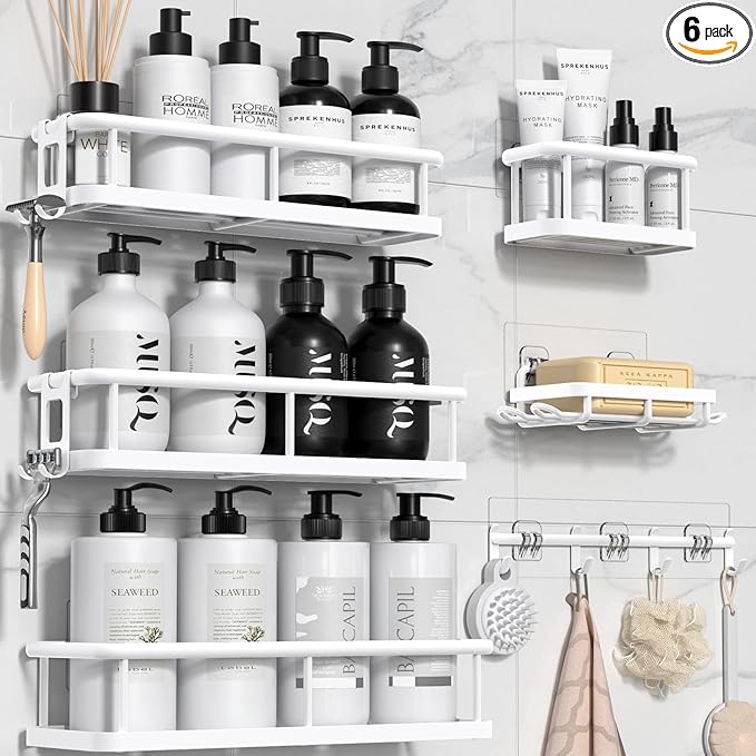 YASONIC Shower Caddy, Large Capacity Bath Organizer with Soap Holder and 12 Hooks, 6 Pack Rustproof Bathroom Shelves for Inside Shower, No Drilling&Sleek Bathroom Organizers and Storage White