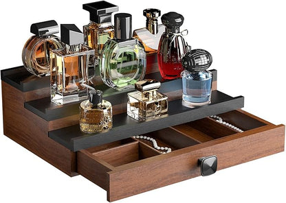 Cologne Organizer for Men: with Hidden Vault & Drawer, 3 Tier Wooden Cologne Stand Desktop Perfume Display Shelf, Bedroom Dresser Makeup Lotion Jewelry Storage Organizer ﻿