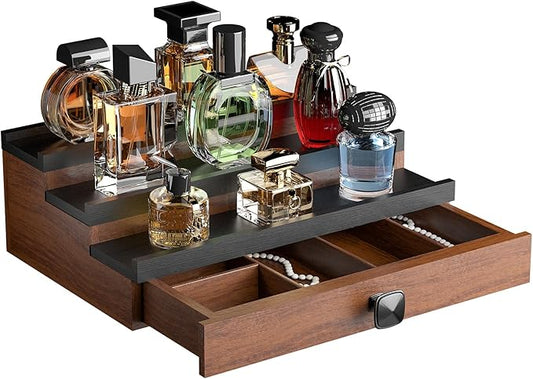 Cologne Organizer for Men: with Hidden Vault & Drawer, 3 Tier Wooden Cologne Stand Desktop Perfume Display Shelf, Bedroom Dresser Makeup Lotion Jewelry Storage Organizer ﻿
