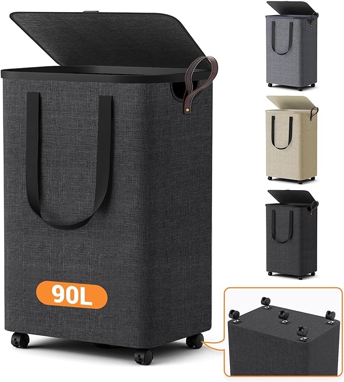 Laundry Basket with 5 Wheels, Tall Dirty Laundry Hamper, Rolling Laundry Basket with Lid, Large 90L Collapsible Clothes Hamper for Laundry Room Bedroom Bathroom Dorm, Dark Gray