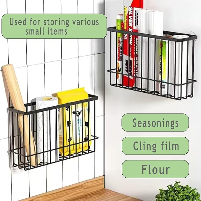 2-Pack Cabinet Door Storage Baskets with Self-Adhesive Mounts, Under Shelf Metal Organizer for Kitchen, Bathroom, Wardrobe, Fridge – No Drill, 22 lbs Capacity, Black