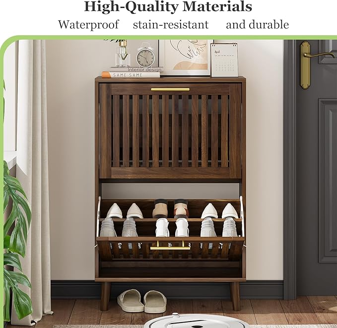 Shoe Cabinet, Shoe Storage Cabinet with Louvered 2 Flip Drawers, Narrow Shoe Cabinet Storage for Entryway, Freestanding Shoe Organizer Cabinet with Golden Handles, Slim Shoe Rack Cabinet (Walnut)