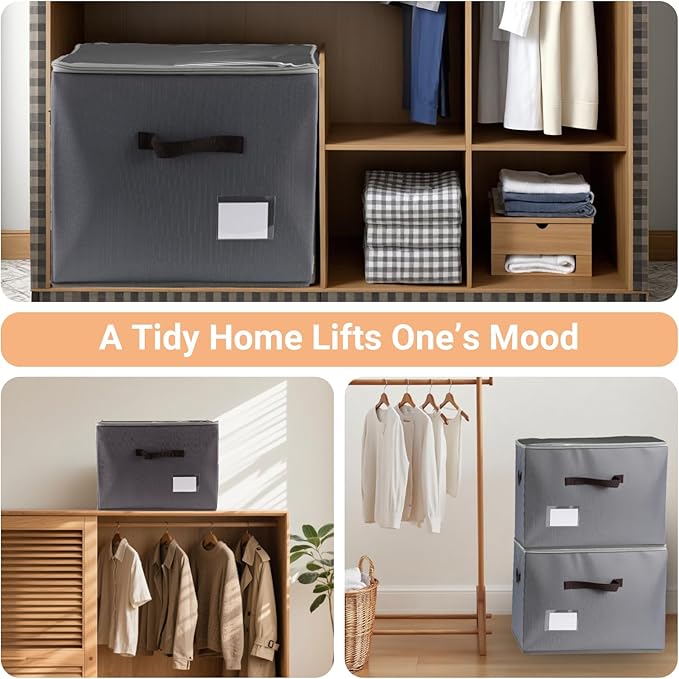2 Pack Shoe Organizer for Closet，Foldable Shoe Storage Organizer with Clear Cover and Sturdy Handles,Fits 12-16 Pairs (gray)