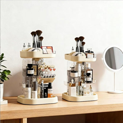 360 Spinning Rotating Makeup Organizer for Vanity with Adjustable Trays Lipstick Earring Storage Makeup Desk Storage Carousel Rack, Cosmetic Display Cases for Dresser Bathroom Holder (Cream)