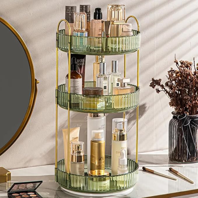 360° Rotating Makeup Organizer, 3 Tier Spinning Cosmetic Organizer for Vanity & Bathroom Countertop, Holds Tall Skincare Bottles, Perfume & Beauty Accessories – Clear Green