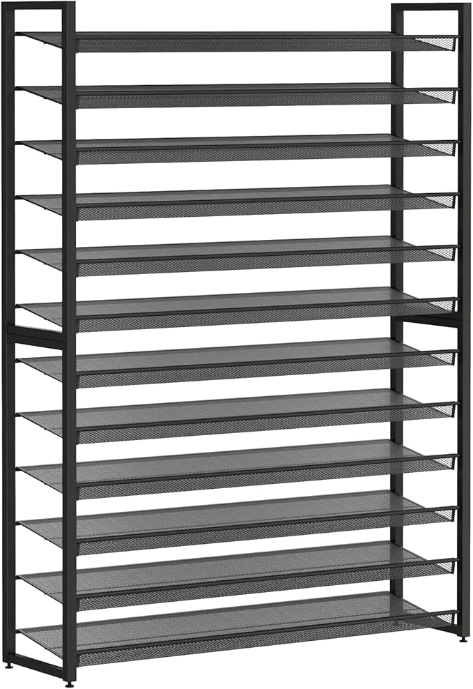 Metal Shoe Rack,Large 12 Tier Shoe Organizer, Heavy Duty Metal 6-Tier Stackable Shoe Storage Vertical Shoe Rack for Closet Front Door Entrance,Entryway,GarageUp to 76 Pairs,Black