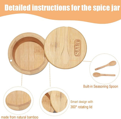 2 Pack Bamboo Salt and Pepper Bowls, Spice Cellar with Swivel Lid and Spoons, Round, 6 Ounces, Bamboo