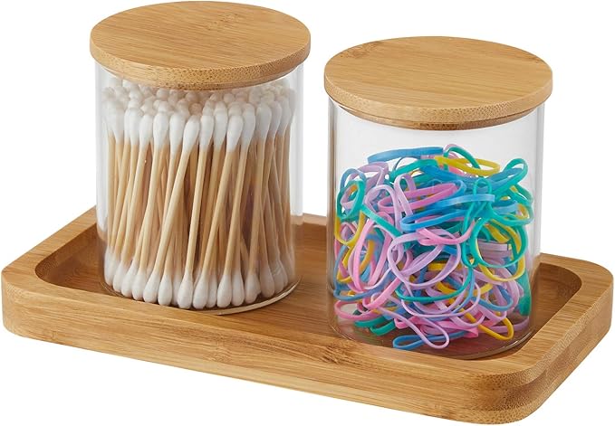 INIUNIK Qtip Holder with Bamboo Vanity Tray, Glass Apothecary Jars with Lids, Cotton Ball Swab Pad Rounds Holder Bathroom Canister Jars for Bathroom Restroom Decorations and Organizer