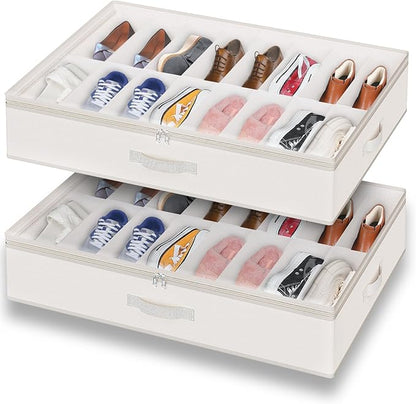 Under Bed Shoe Storage Organizer for Closet, 32 Pairs Sturdy Underbed Shoe Storage Boxes Bins Container Foldable Shoes Storage with Reinforced Handles & Clear Window for College Dorms Beige, Set of 2