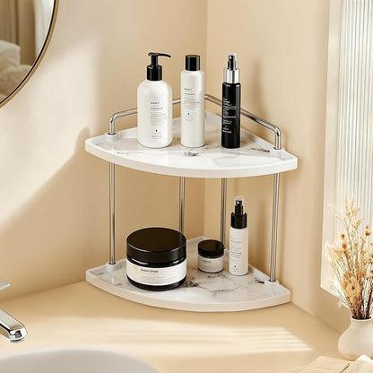 KES Hancrafted Ceramic Corner Bathroom Counter Organizer, 2-Tier Bathroom Countertop Organizer with Marble Pattern, Vanity Skincare Perfume and Makeup Storage, Polished Chrome, BSC901-CH