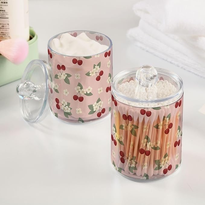 Milk Cow Qtip Holder with Lid 2PCS Apothecary Jars Storage Containers, Clear Plastic Canister for Cotton Swab,Floss Picks, Cosmetics (Sweet Cherrys, one sizex2)