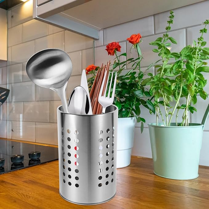 ULTECHNOVO Kitchen Utensil Holder with Drain Holes Stainless Steel Cutlery Organizer for Chopsticks Spoons Forks - 7X4.7 Inch Flatware Drying Rack for Countertop Storage