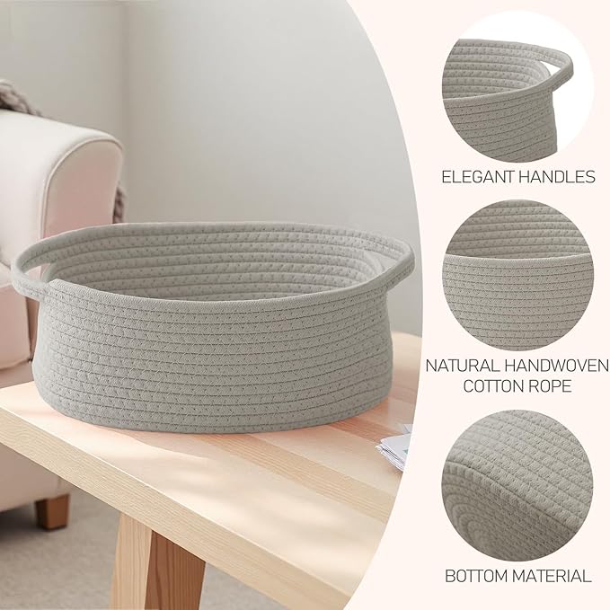 JMvicyroam Woven Basket,Small Rope Storage Bin with Handles & Ribbon Bag, Organizer for Shelves Closets,Gift Basket Empty for Birthday,Books,Dog Toys, Grey