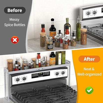 Stove Top Shelf,Adjustable 27 to 33 Inch Over the Stove Shelf for Back of Stove Spice Rack for Countertop,4 Level Height Spice Rack Organizer Seasoning Organizer for Kitchen Stove,Silver