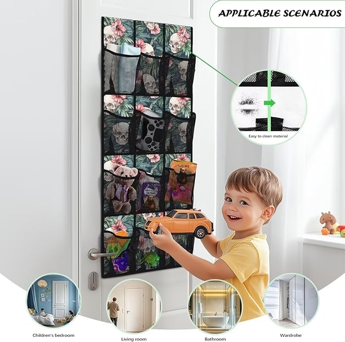 Skull Tropical Flowers Hanging Storage Bags,Shoe Organizer Door Hanger with 12 Mesh Large Pockets,Space Saver Hanging Shoe Storage Hanging Bag