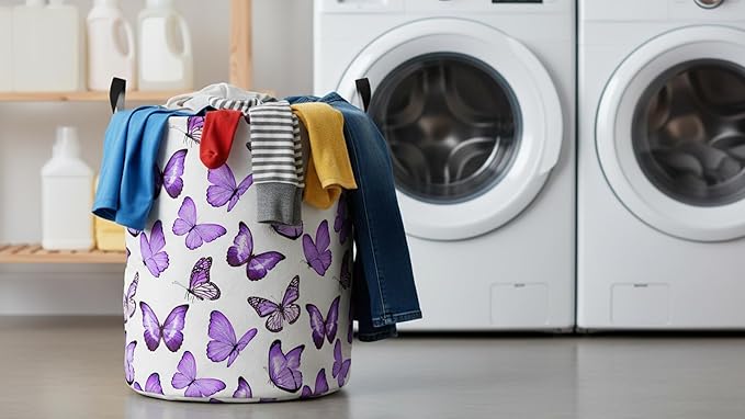 CLOCOR Large Laundry Basket,Waterproof Nursery Hamper,Collapsible Fabric Storage Container,Room Decor,Gift Basket（Deep Purple Butterfly