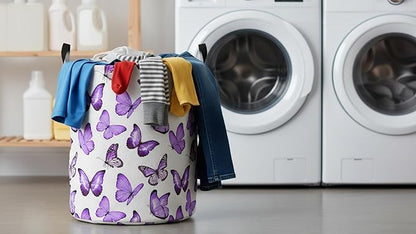 CLOCOR Large Laundry Basket,Waterproof Nursery Hamper,Collapsible Fabric Storage Container,Room Decor,Gift Basket（Deep Purple Butterfly