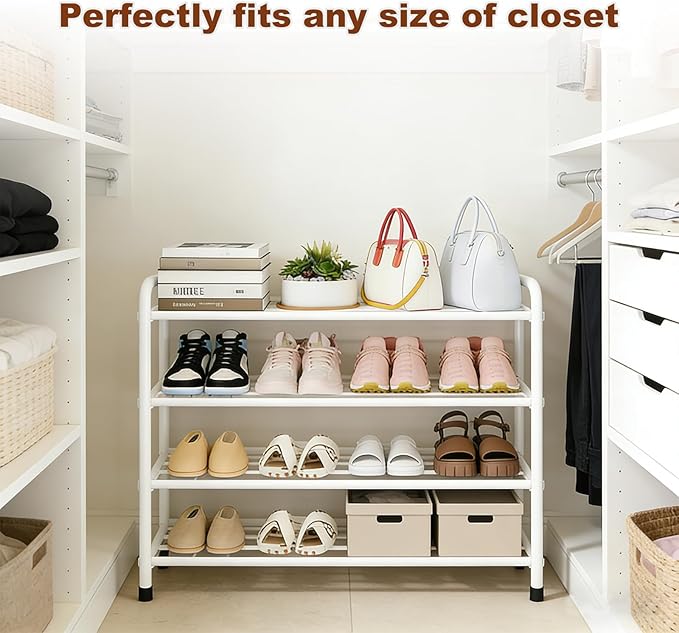 KANAV 4-Tier Expandable Shoe Rack, Heavy Duty Adjustable Metal Shoe Organizer for Closet, Entryway & Mudroom, Freestanding, Tool-Free Assembly, White