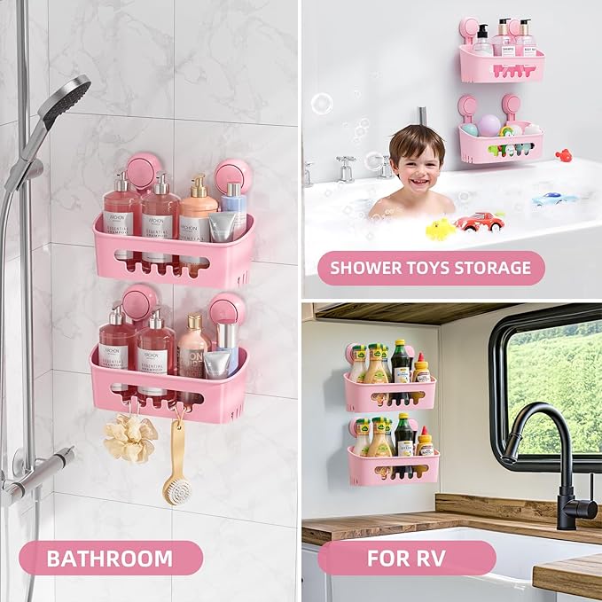 LEVERLOC Shower Caddy Suction Cup 2 Pack, Shower Organizer Removable Bathroom Shelf, Storage for Inside Shower Powerful Suction Max Hold 22lbs Waterproof Holder, Pink