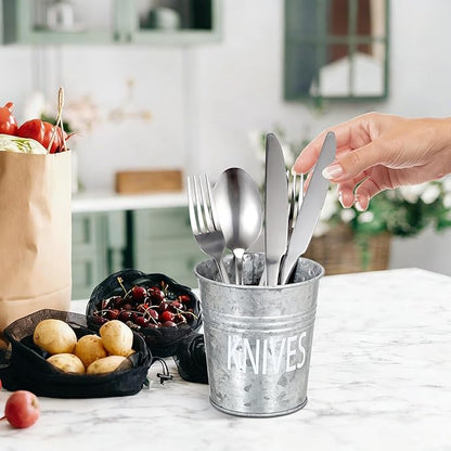 JUXYES Set of 3 Farmhouse Metal Tin Bucket Utensil Holder - Antique Silverware Caddy for Kitchen Countertop - Rustic Flatware Cutlery Caddy Silverware Holder Spoon, Fork & Knife Organizer for Parties