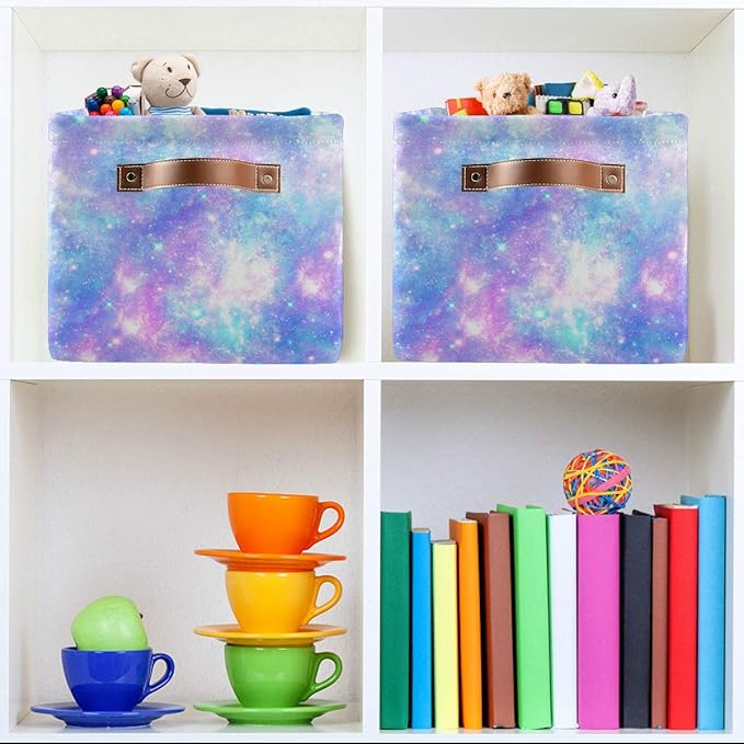 Foldable Storage Baskets Set of 2, Magic Galaxy Star Print Storage Bins with Handles, Decorative Cloth Organizer Storage Boxes for Home|Office 15 x 11 x 9.5 in