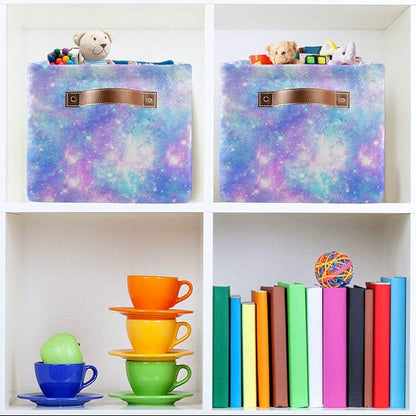 Foldable Storage Baskets Set of 2, Magic Galaxy Star Print Storage Bins with Handles, Decorative Cloth Organizer Storage Boxes for Home|Office 15 x 11 x 9.5 in