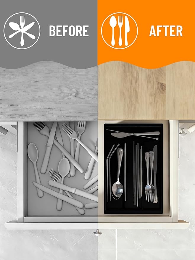 Silverware Drawer Organizer Tray, Adjustable Small Utensil Holder for Spoon and Fork, Expandable Flatware Cutlery Tray for Kitchen Drawers (Black)