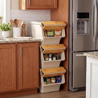 Giantex Plastic Stackable Storage Bins with Lids & Wheels, 6 Pack Open Front Stacking Bins, Organizer Bins for Pantry, Kitchen, Laundry, Closet, Playroom, Bedroom Organization (35 QT)