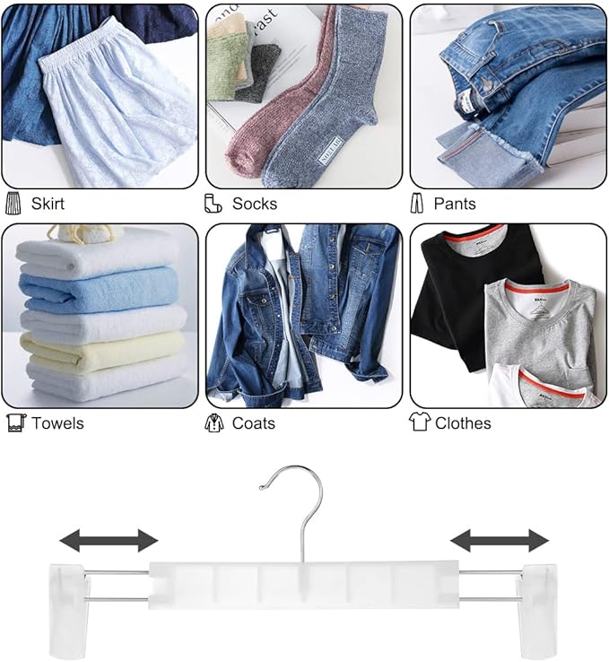 GUANJUNE Clothes Pants Hangers, Space-Saving Skirt Holders with 360 ° Swivel Hooks, Adjustable Clips, Trouser Hangers, Clothes Coat Garment Jeans Hangers (10 Pack, Transparent)