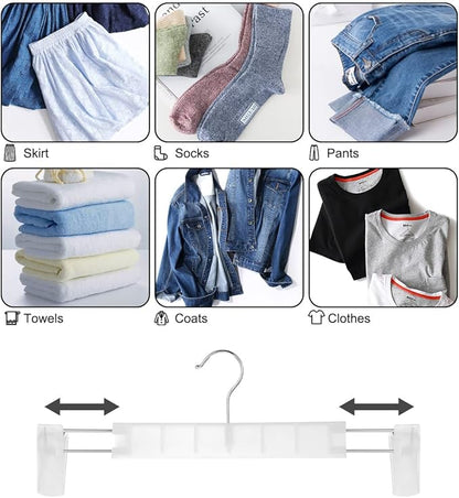 GUANJUNE Clothes Pants Hangers, Space-Saving Skirt Holders with 360 ° Swivel Hooks, Adjustable Clips, Trouser Hangers, Clothes Coat Garment Jeans Hangers (10 Pack, Transparent)