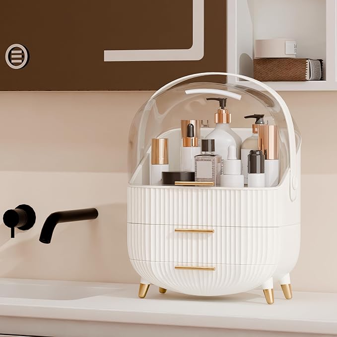 lurcns Makeup Organizers and Storage, Make up Organizer for Vanity Cosmetics Skincare Organizers With Lid and Drawers Display Cases for Countertop（White）