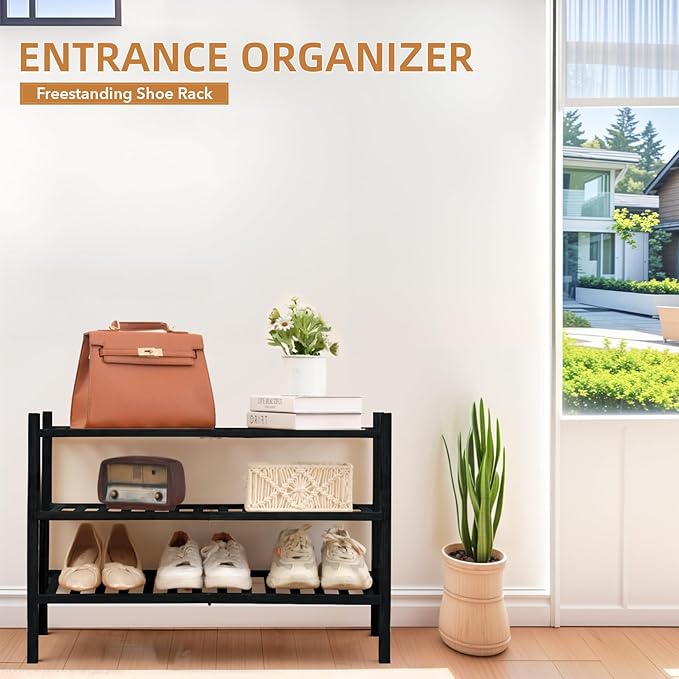 3 Tier Bamboo Shoe Rack Storage Organizer for Closet, Multifunctional Stackable Free Standing Shoe Shelf Organizer for Small Space,Entryway,Hallway,Bathroom 27"x11"x20" (Black, 3 Tier)